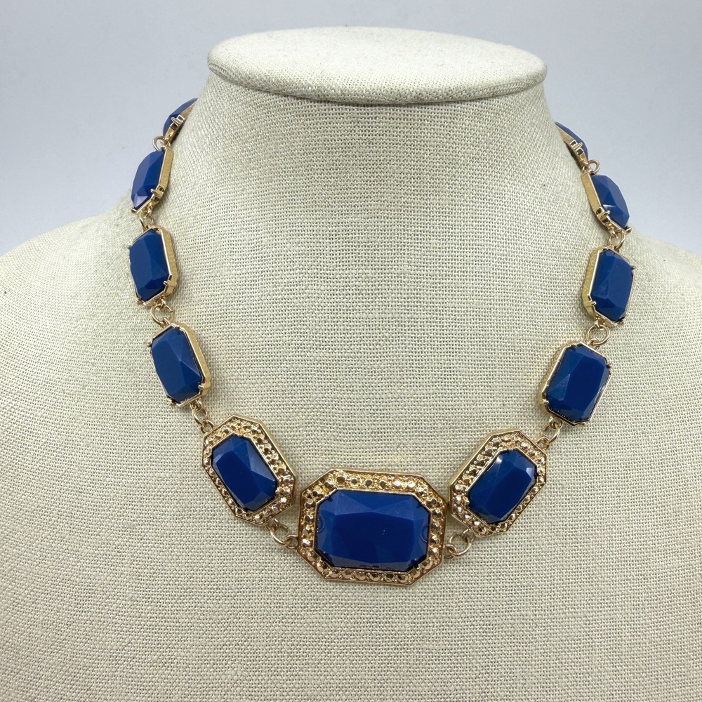 Cobalt Blue Faceted Acrylic Gold Tone Geometric Chunky Bold Statement Necklace